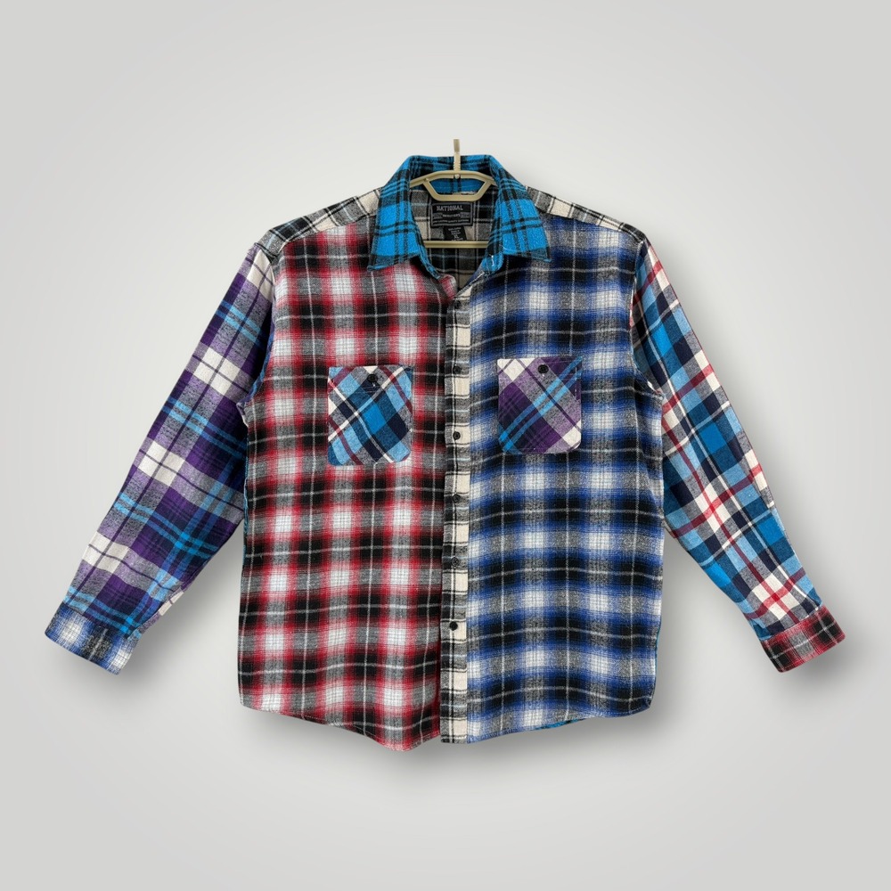 National Outfitters Mens XL Patchwork Plaid Flannel Shirt Multi Color Cotton